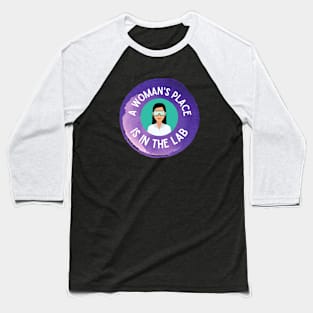 A Woman's Place is in the Lab | Woman in Goggles | Purple Baseball T-Shirt